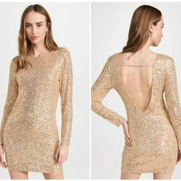 Wayf Dresses & Skirts - NWT WAYF Gold Sequin Open Back Long Sleeve Mini Dress Rhinestone Strap S
